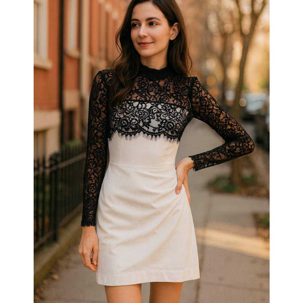 Rasario Silk Lace Corset Mini Dress Long Sleeve Black White Fr 42 Us 10 — image 3 of 8